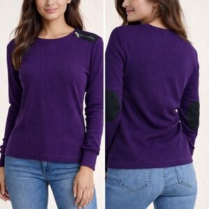 LRL Ribbed Long Sleeve Shirt Purple Shoulder Zip Faux Leather Elbow Patches